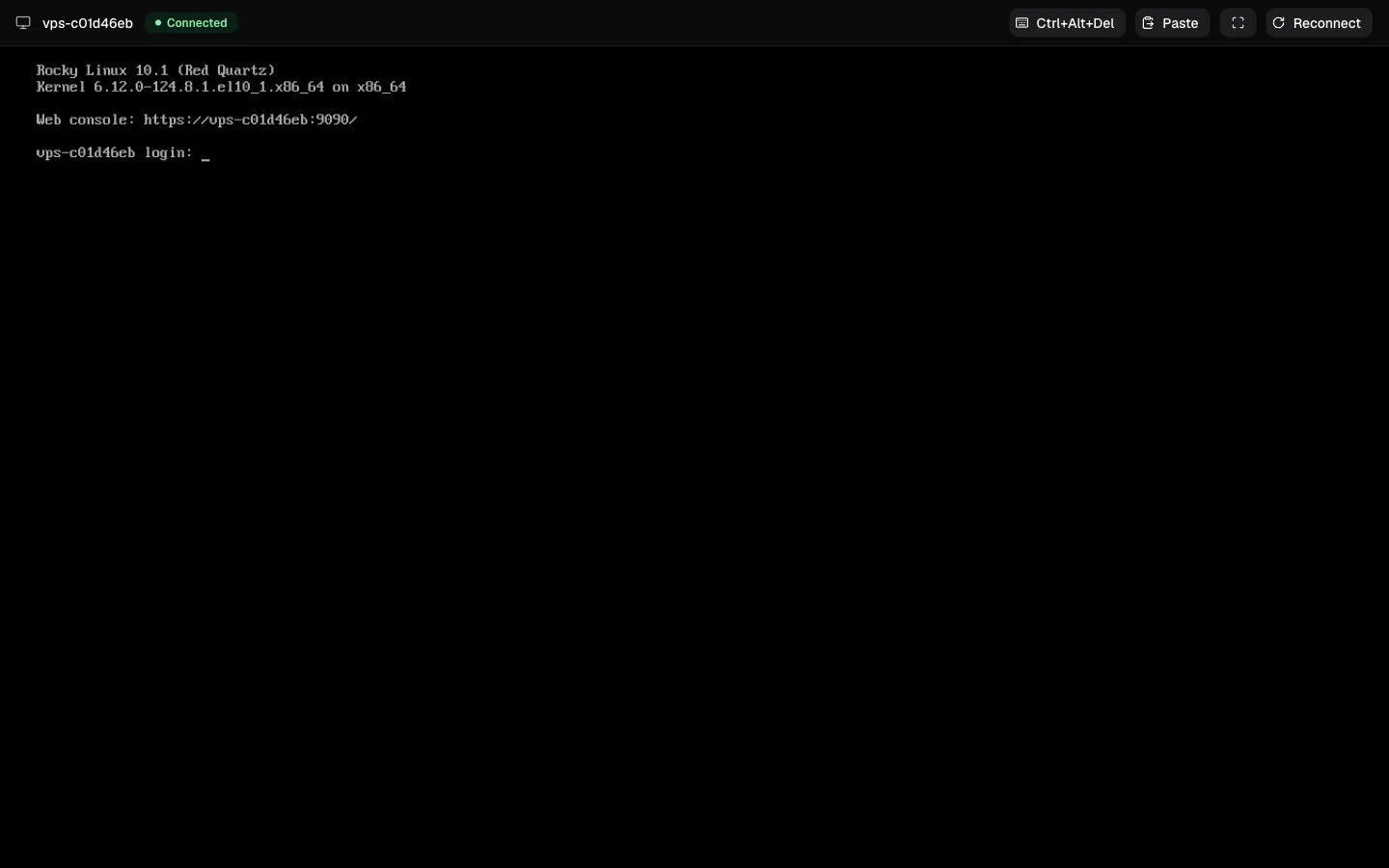 The browser console showing a Linux sign-in prompt, with Ctrl+Alt+Del, Paste, Full screen and Reconnect buttons