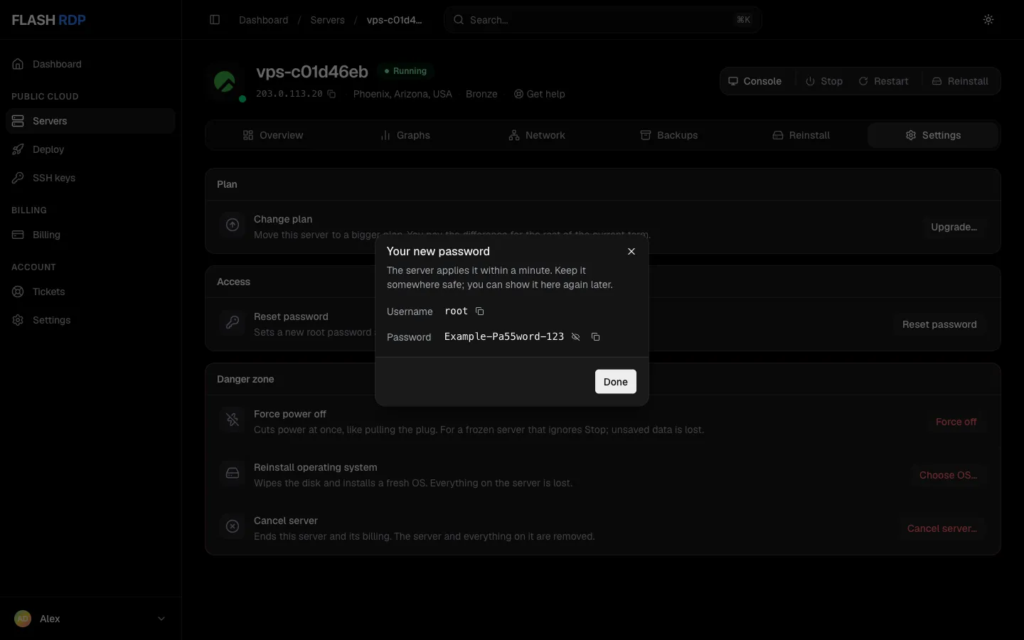 The Your new password window with the root username, an example password and copy buttons