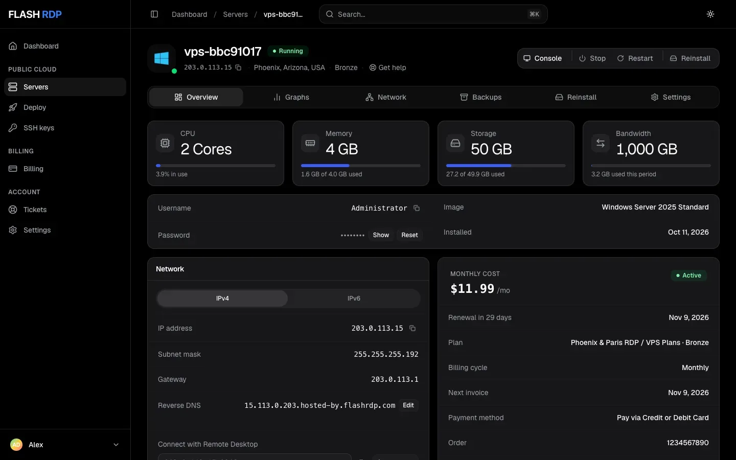 A server page with the Console, Stop, Restart and Reinstall buttons and six tabs