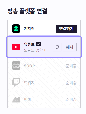 도로시 방송 설정의 연결된 유튜브 채널 행만 라벤더 테두리로 표시한 화면