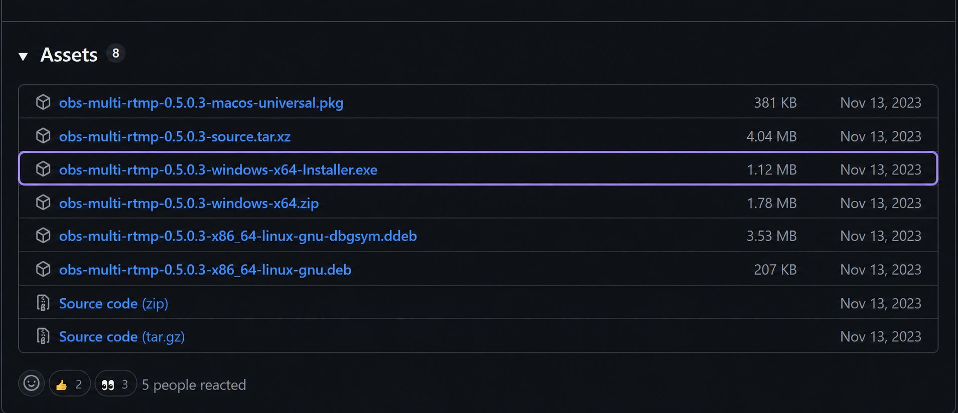 obs-multi-rtmp GitHub Assets에서 Windows x64 Installer 파일 행만 라벤더 테두리로 표시한 화면