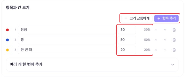 뽑기 항목 이름, 비율과 계산된 확률, 균등하게·항목 추가 버튼