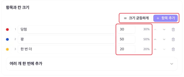 뽑기 항목 이름, 비율과 계산된 확률, 균등하게·항목 추가 버튼