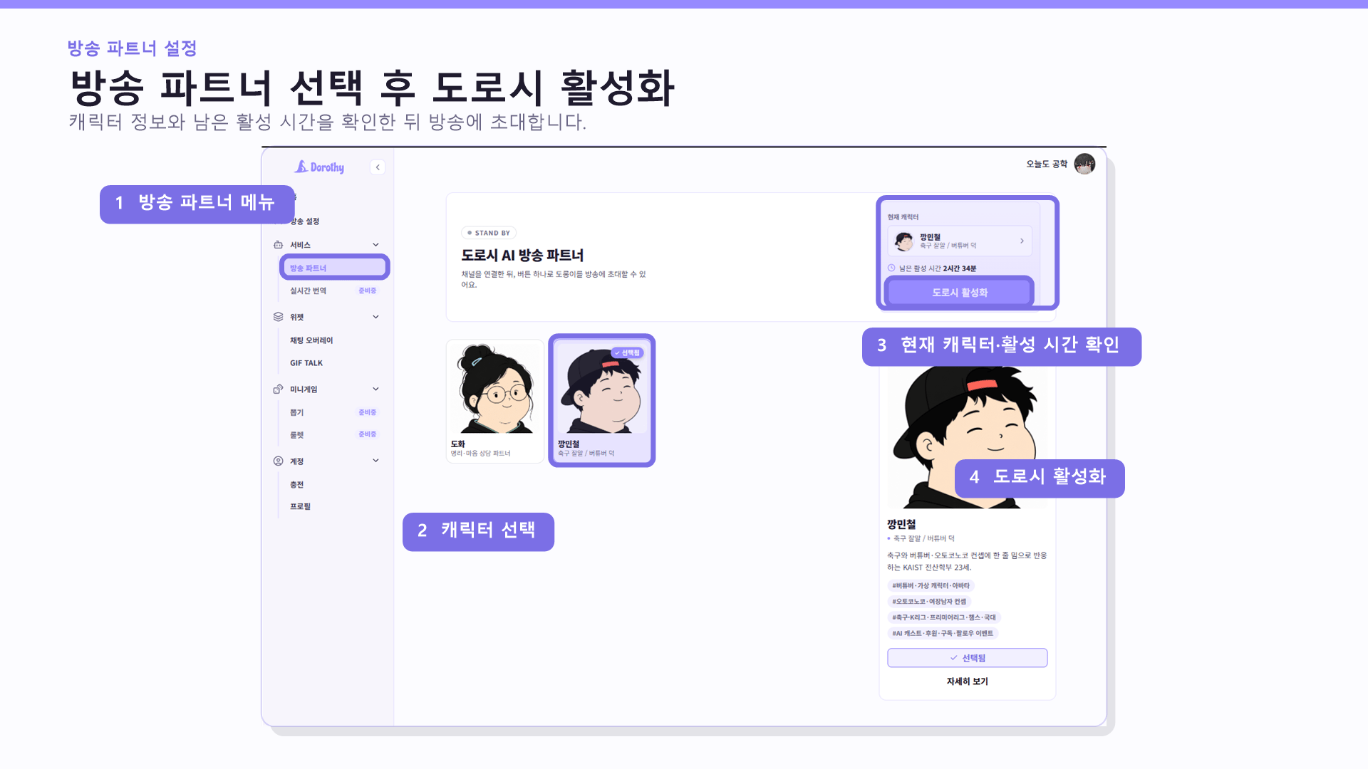 도로시 방송 파트너 화면에서 캐릭터 선택과 도로시 활성화 순서를 보라색으로 표시한 화면