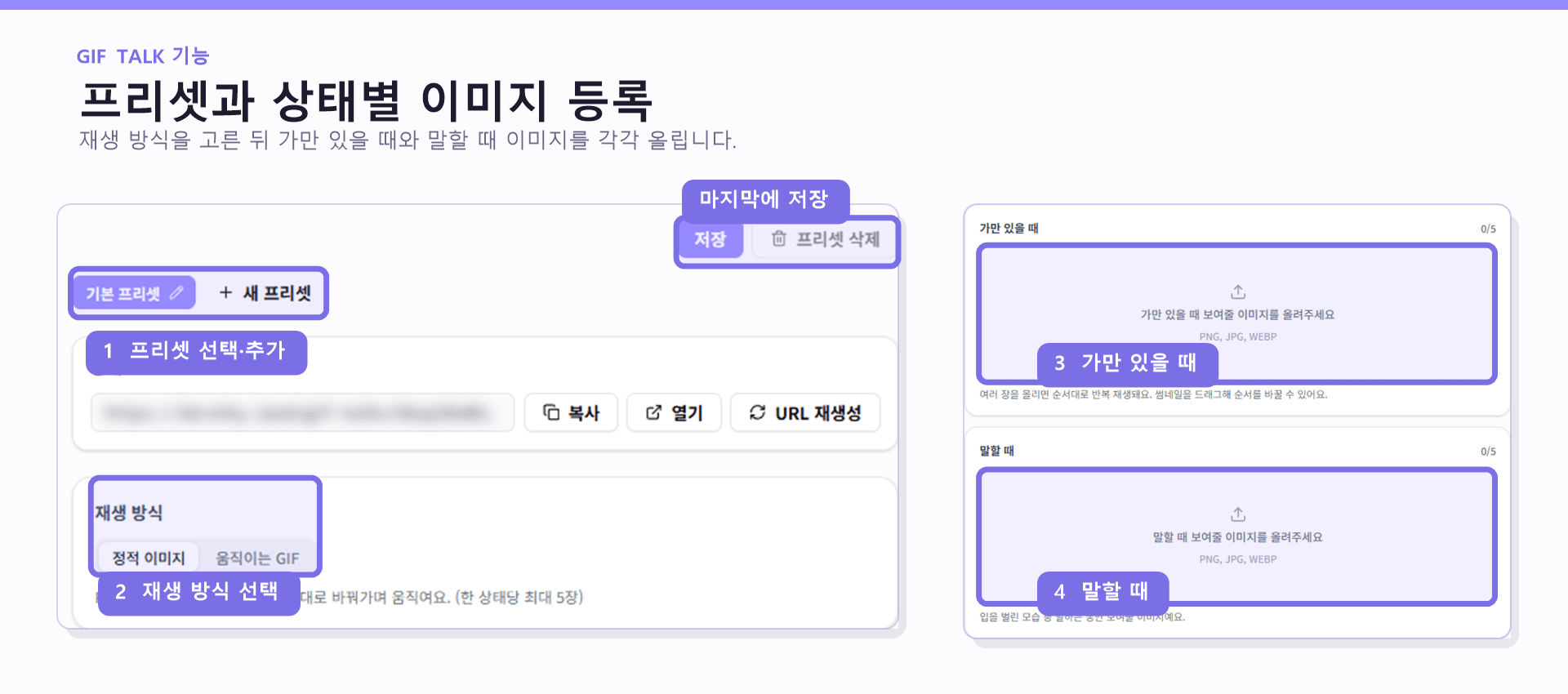 GIF TALK에서 프리셋, 재생 방식, 가만 있을 때와 말할 때 이미지 등록 영역을 보라색으로 표시한 화면