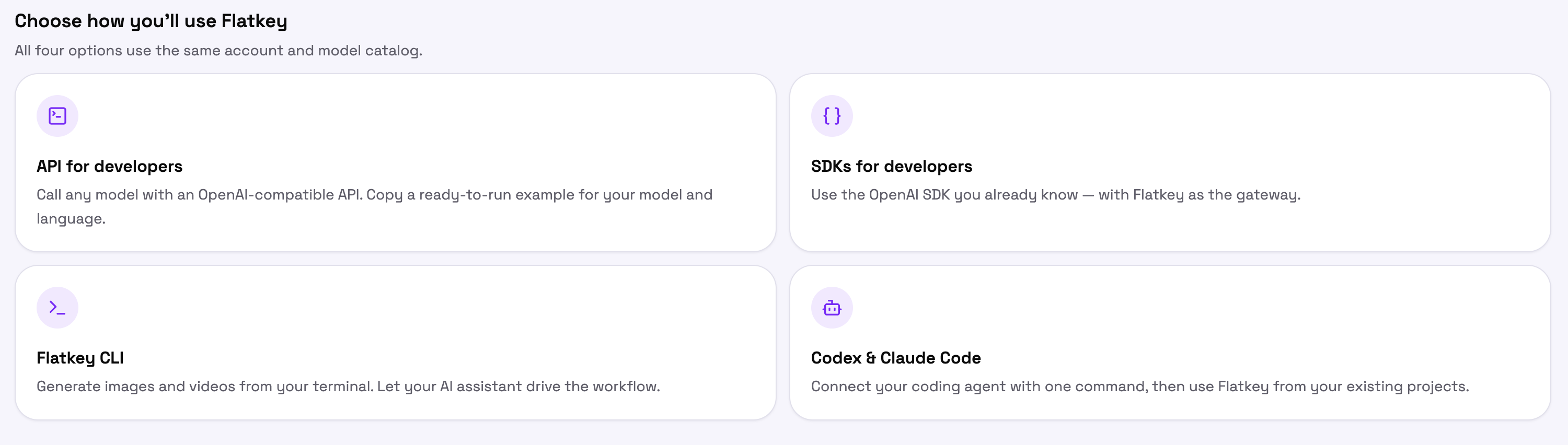 The four ways to use Flatkey, shown in the Flatkey Console