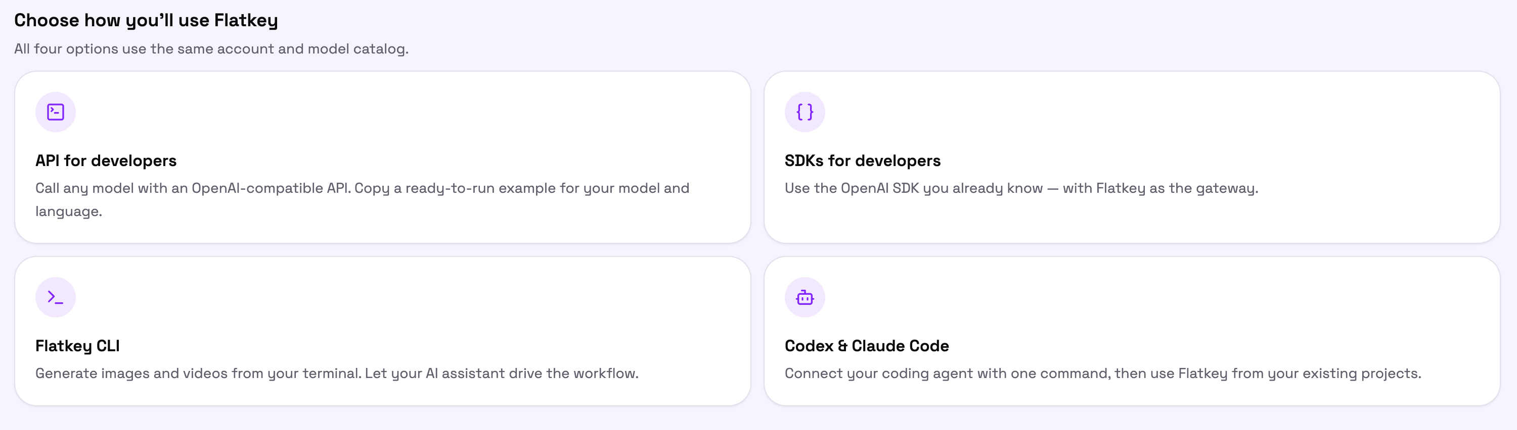 The four ways to use Flatkey, shown in the Flatkey Console