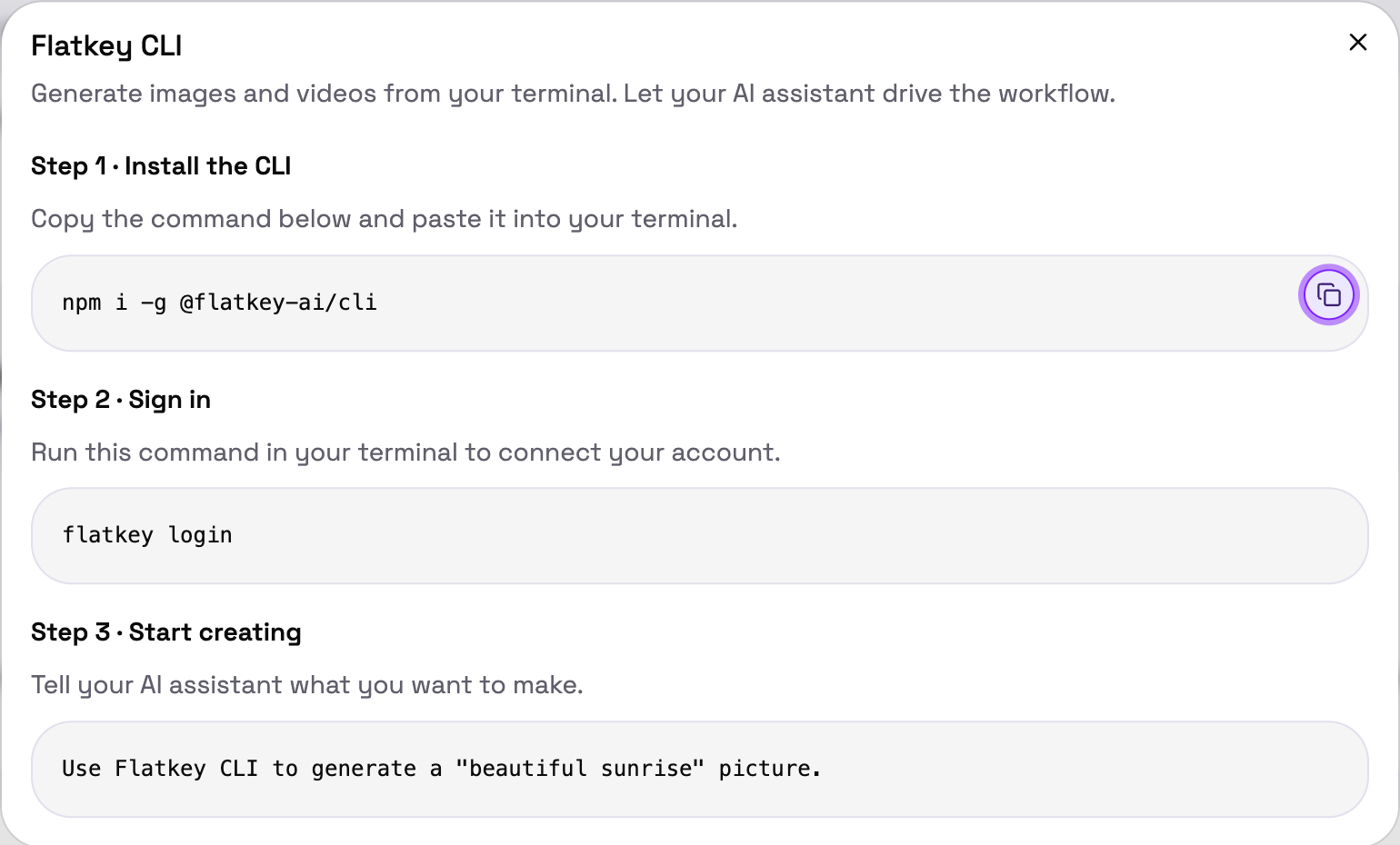 The Flatkey CLI panel, showing install, sign in, and first prompt