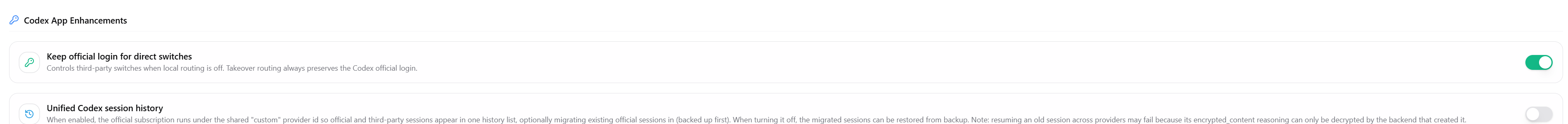 Enable the current official-login preservation setting for Codex