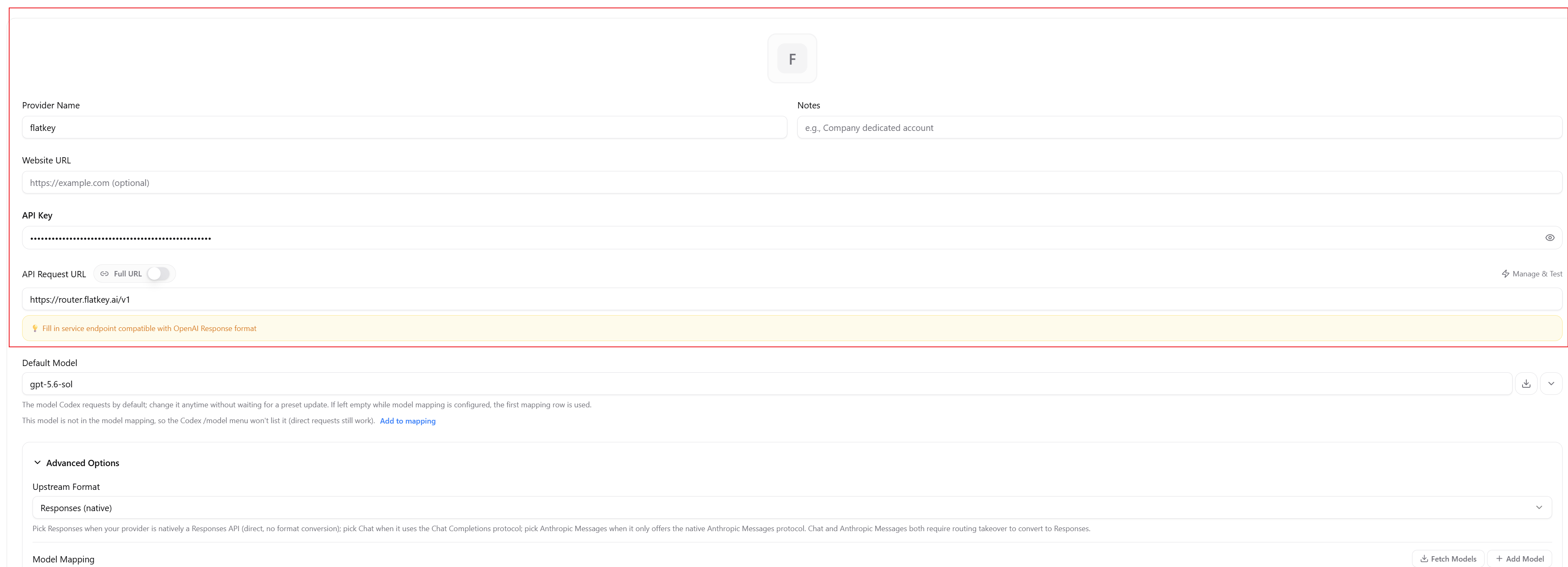 Enter the current Flatkey provider fields in CC Switch