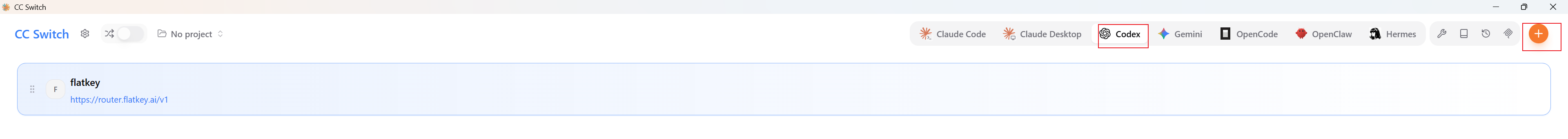 Open the Codex provider panel and select the add-provider button in CC Switch