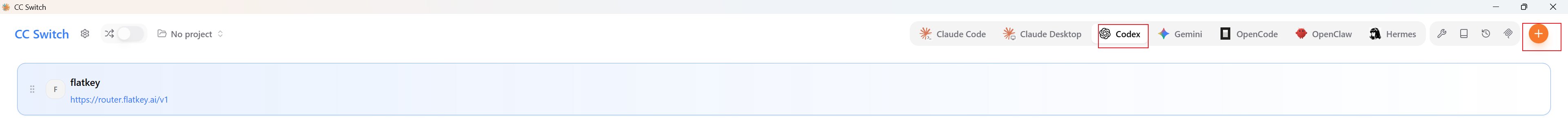 Open the Codex provider panel and select the add-provider button in CC Switch