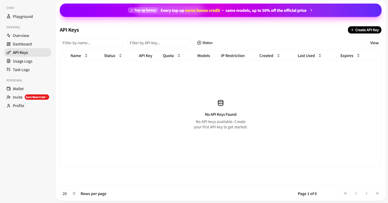 Open API Keys and select Create API Key