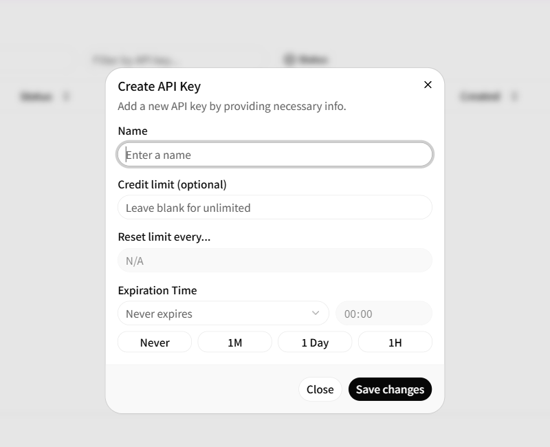 Configure the name, credit limit, and expiration for a Flatkey API key