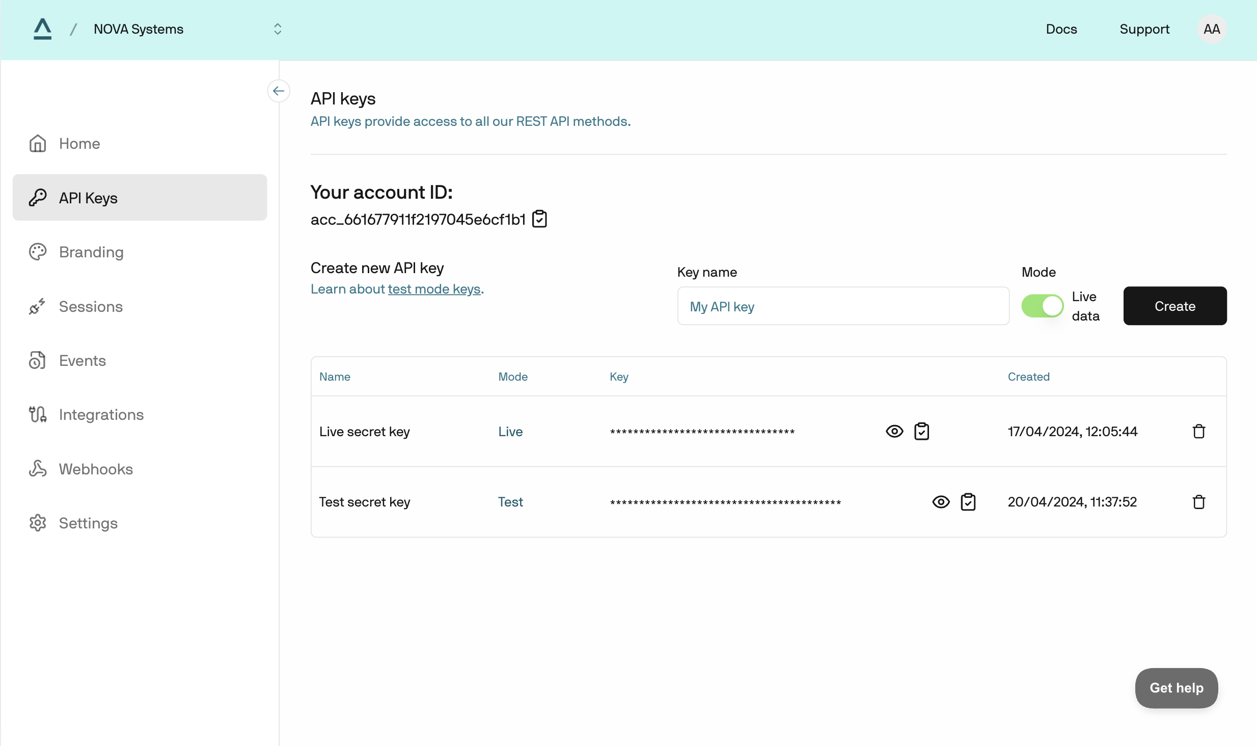 Flatpeak Dashboard API Keys
