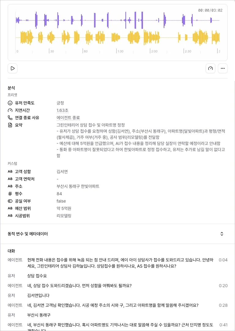 통화 상세 분석 섹션의 유저 만족도, 요약, 추출 항목 결과