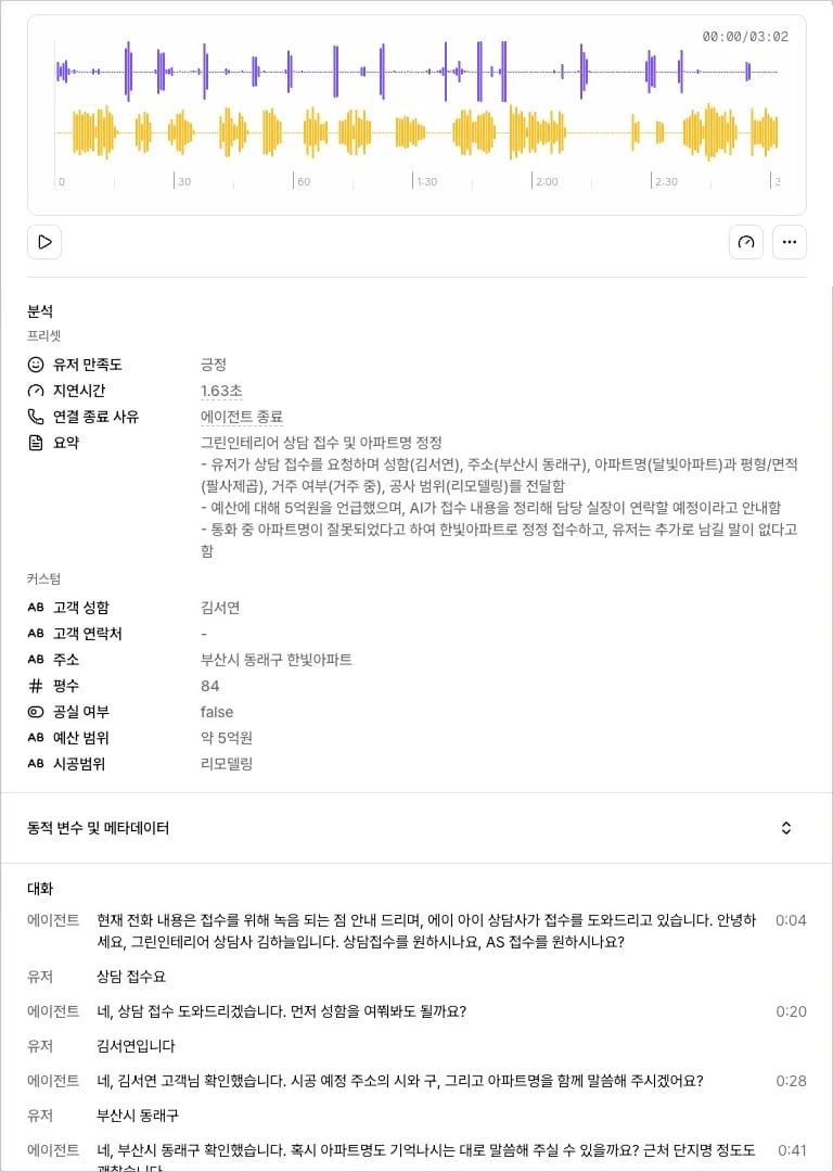 통화 상세 분석 섹션의 유저 만족도, 요약, 추출 항목 결과