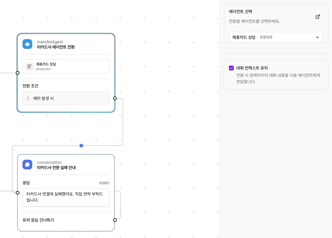 플로우 편집기에서 에이전트 전환 노드를 선택하면 오른쪽에 에이전트 선택과 대화 컨텍스트 유지 설정이 보이는 화면