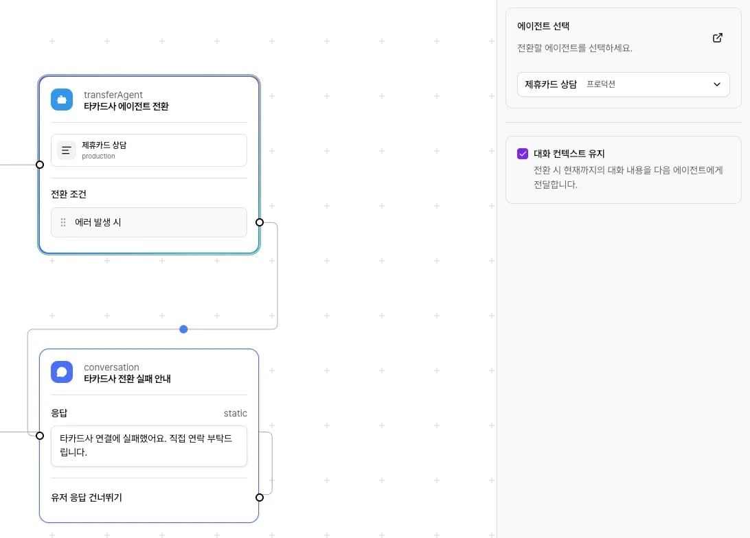 플로우 편집기에서 에이전트 전환 노드를 선택하면 오른쪽에 에이전트 선택과 대화 컨텍스트 유지 설정이 보이는 화면