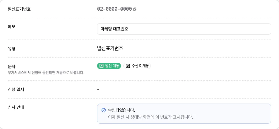 승인된 발신표기번호의 번호와 메모 및 심사 안내