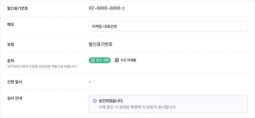 승인된 발신표기번호의 번호와 메모 및 심사 안내