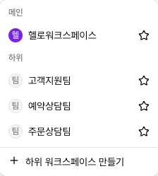 헬로워크스페이스의 하위 워크스페이스 목록과 만들기 메뉴