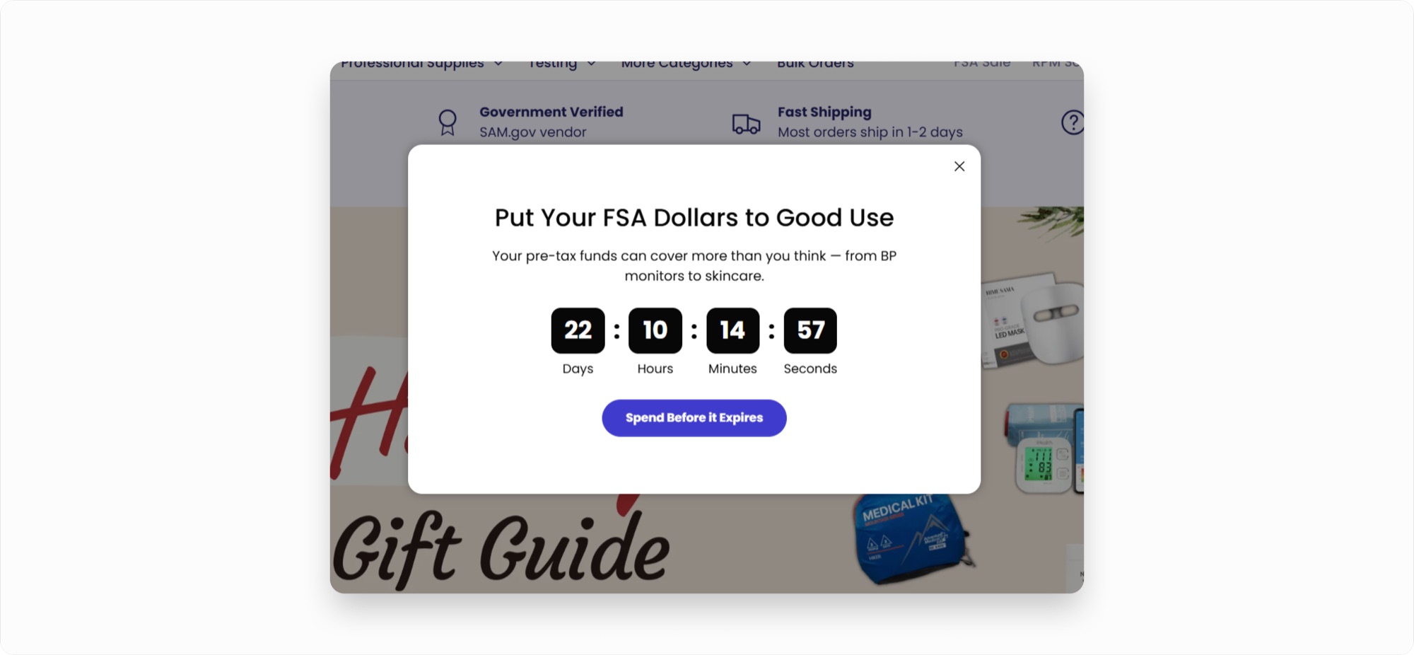 A site modal headlined Put Your FSA Dollars to Good Use with a live countdown showing days, hours, minutes, and seconds remaining and a Spend Before it Expires button