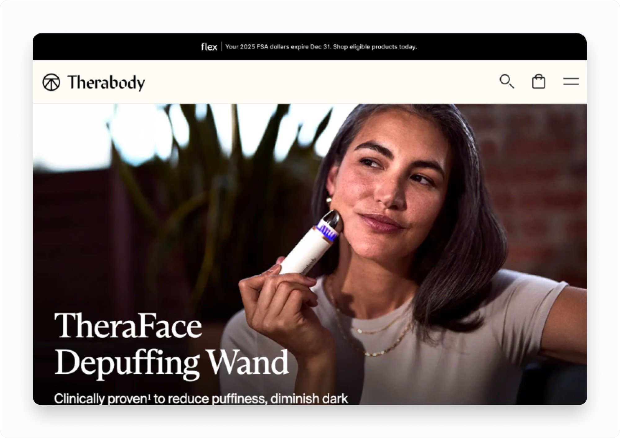 The Therabody homepage carrying a Flex banner: your 2025 FSA dollars expire Dec 31, shop eligible products today