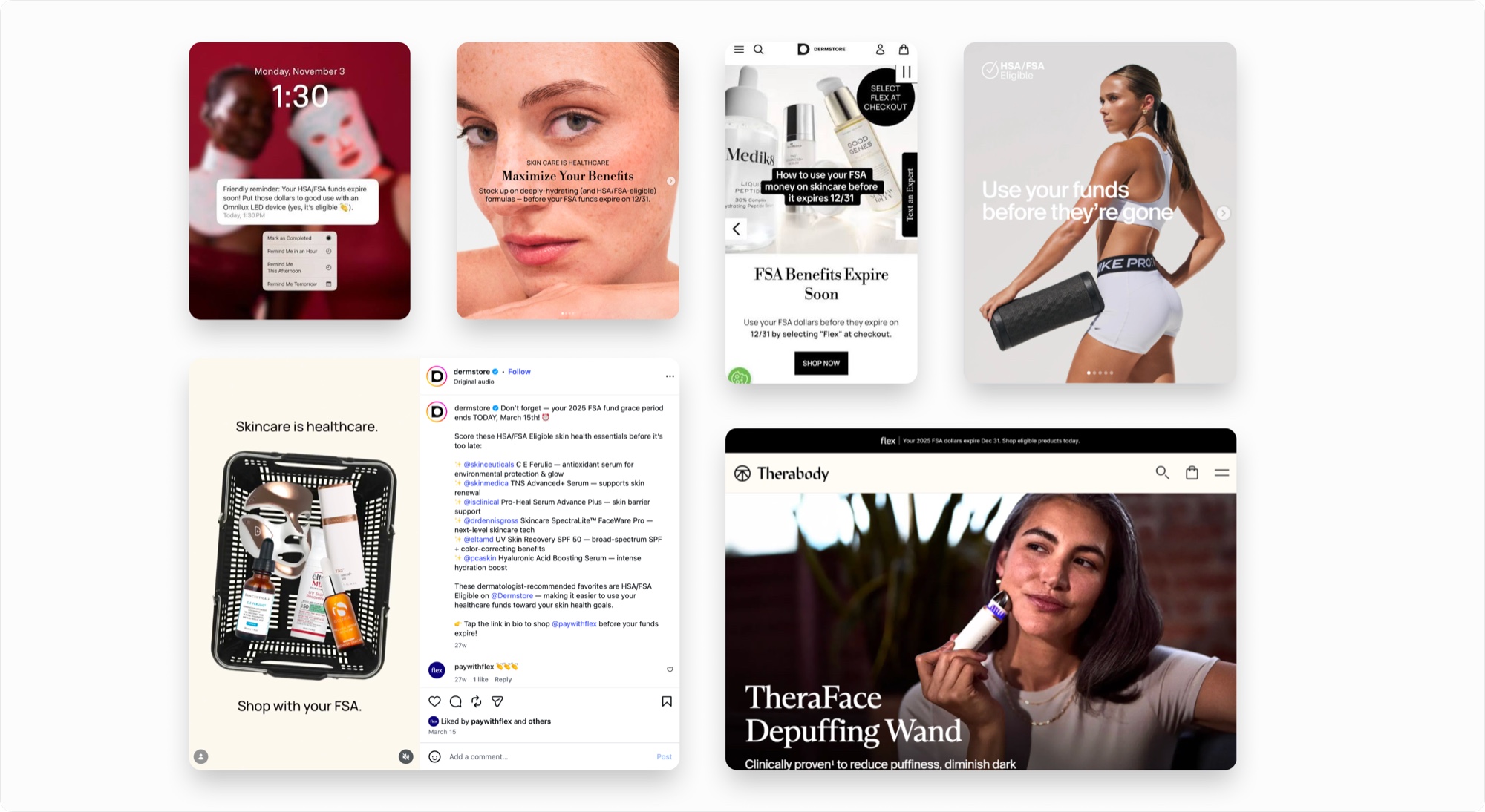 Merchant FSA deadline campaigns across channels: an SMS reminder, skincare and Nike social creative, a Dermstore site takeover, and a Therabody site banner