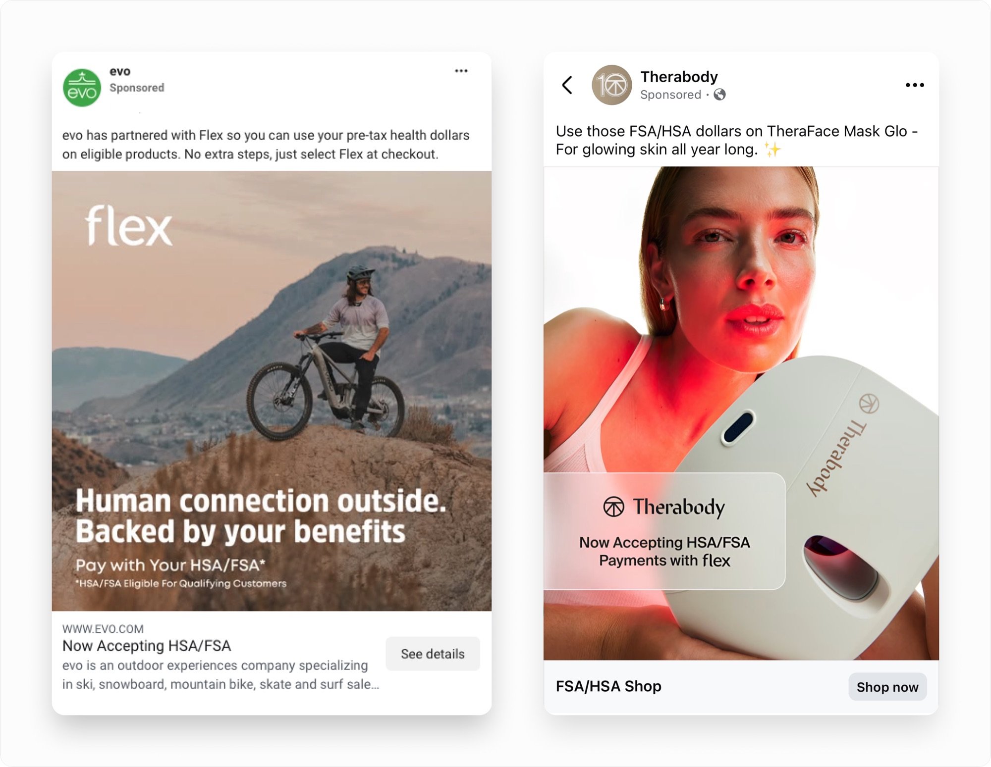 Two paid HSA/FSA ads: a sponsored evo post headlined Human connection outside, backed by your benefits, with Pay with Your HSA/FSA and a footnote that it is eligible for qualifying customers, and a sponsored Therabody post for the TheraFace Mask Glo marked Now Accepting HSA/FSA Payments with Flex