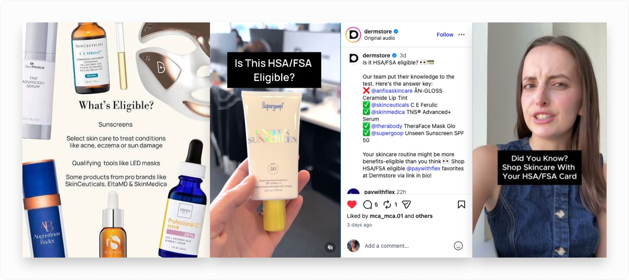 Four HSA/FSA education posts: a What is eligible explainer, an Is this HSA/FSA eligible video, a Dermstore answer-key post, and a Did You Know shop skincare with your HSA/FSA card clip