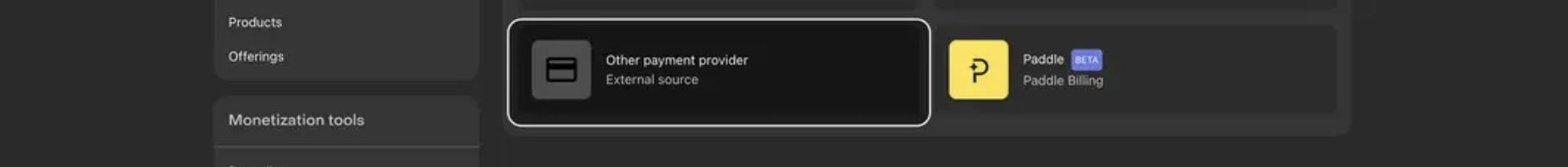 RevenueCat “Apps” page showing Other Payment Provider selected