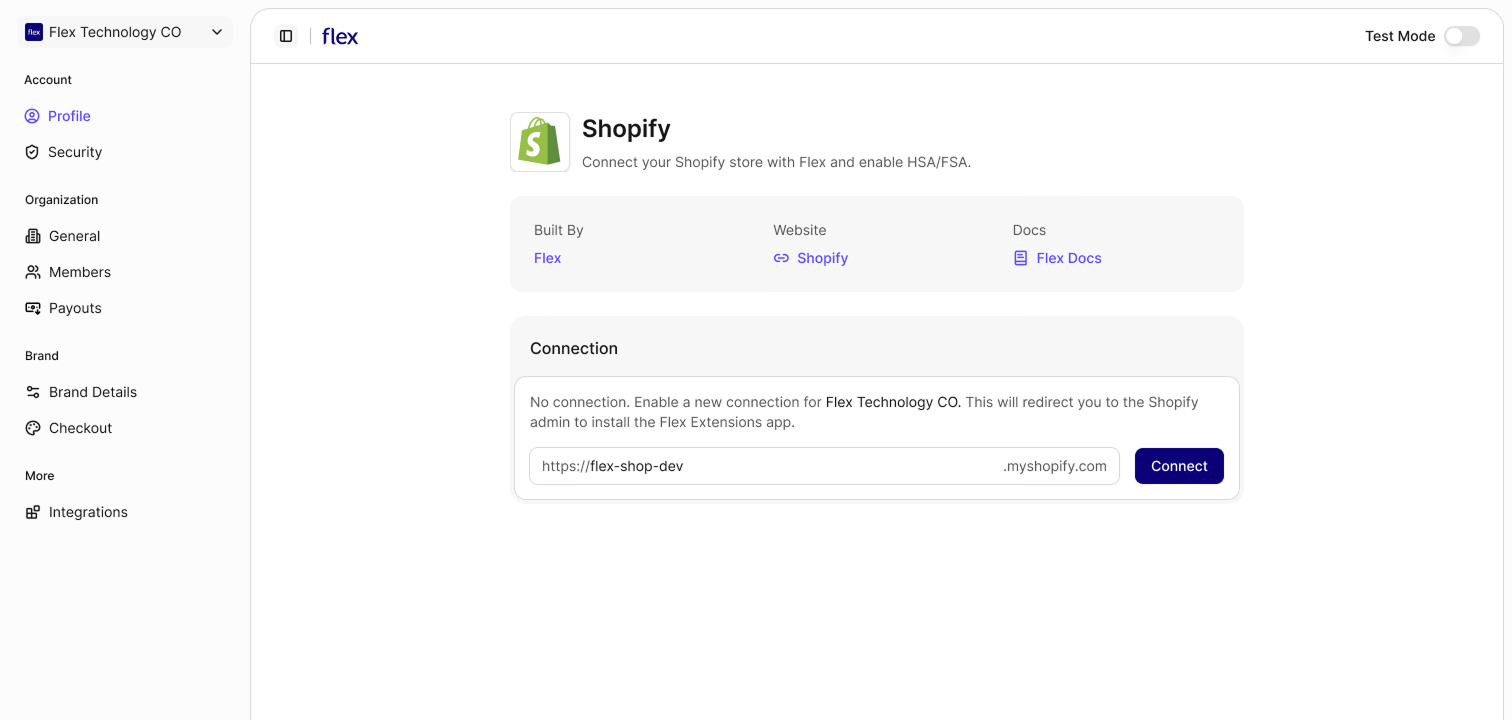 The Connection section of the Shopify integration page, with a store subdomain field and a Connect button