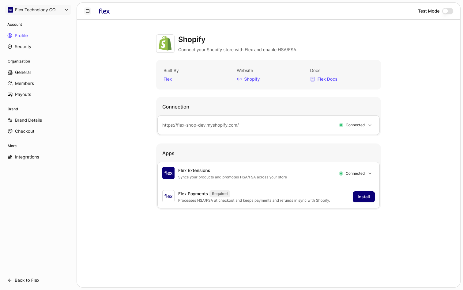 The Shopify integration page with Flex Extensions connected and an Install button next to Flex Payments