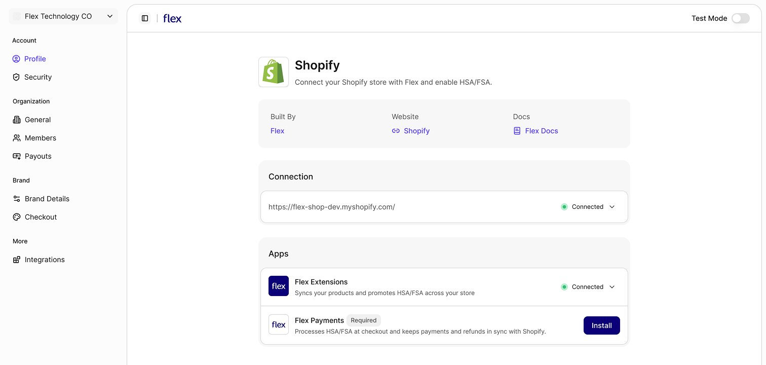 The Connection section showing the store Connected, with Flex Extensions connected under Apps