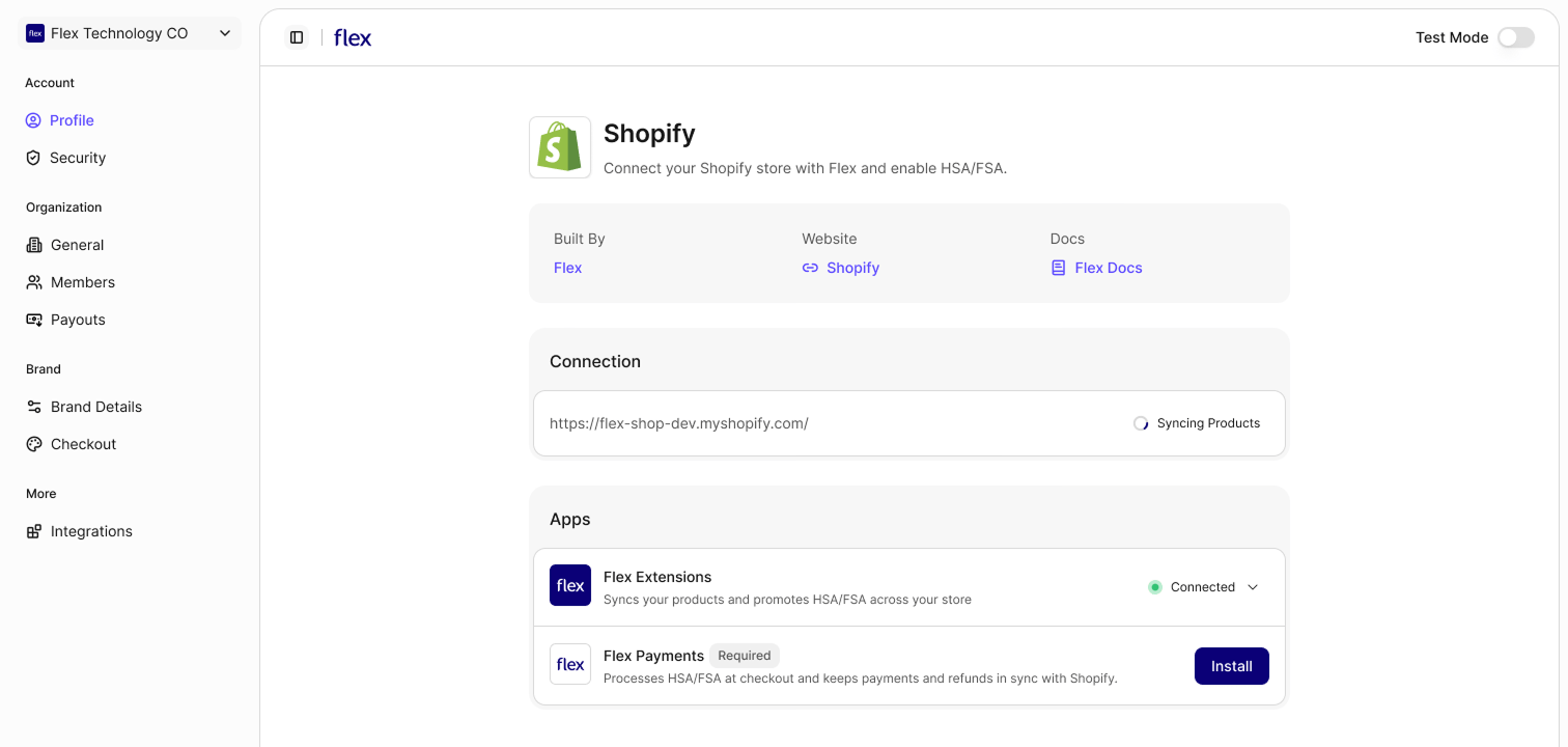 The Connection section showing Syncing Products, with Flex Extensions connected under Apps