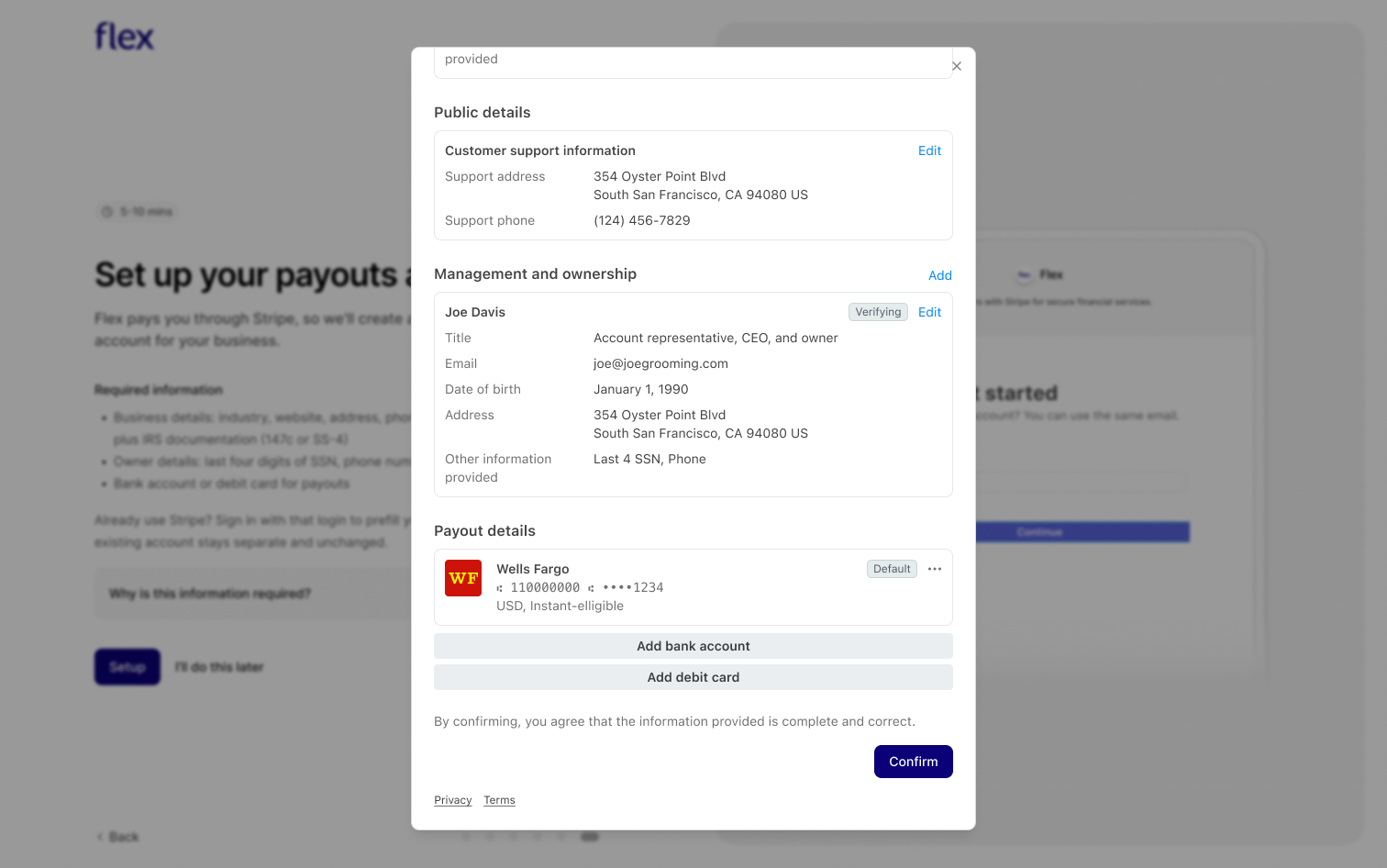 Stripe review screen for adding a bank account or debit card and confirming payout details