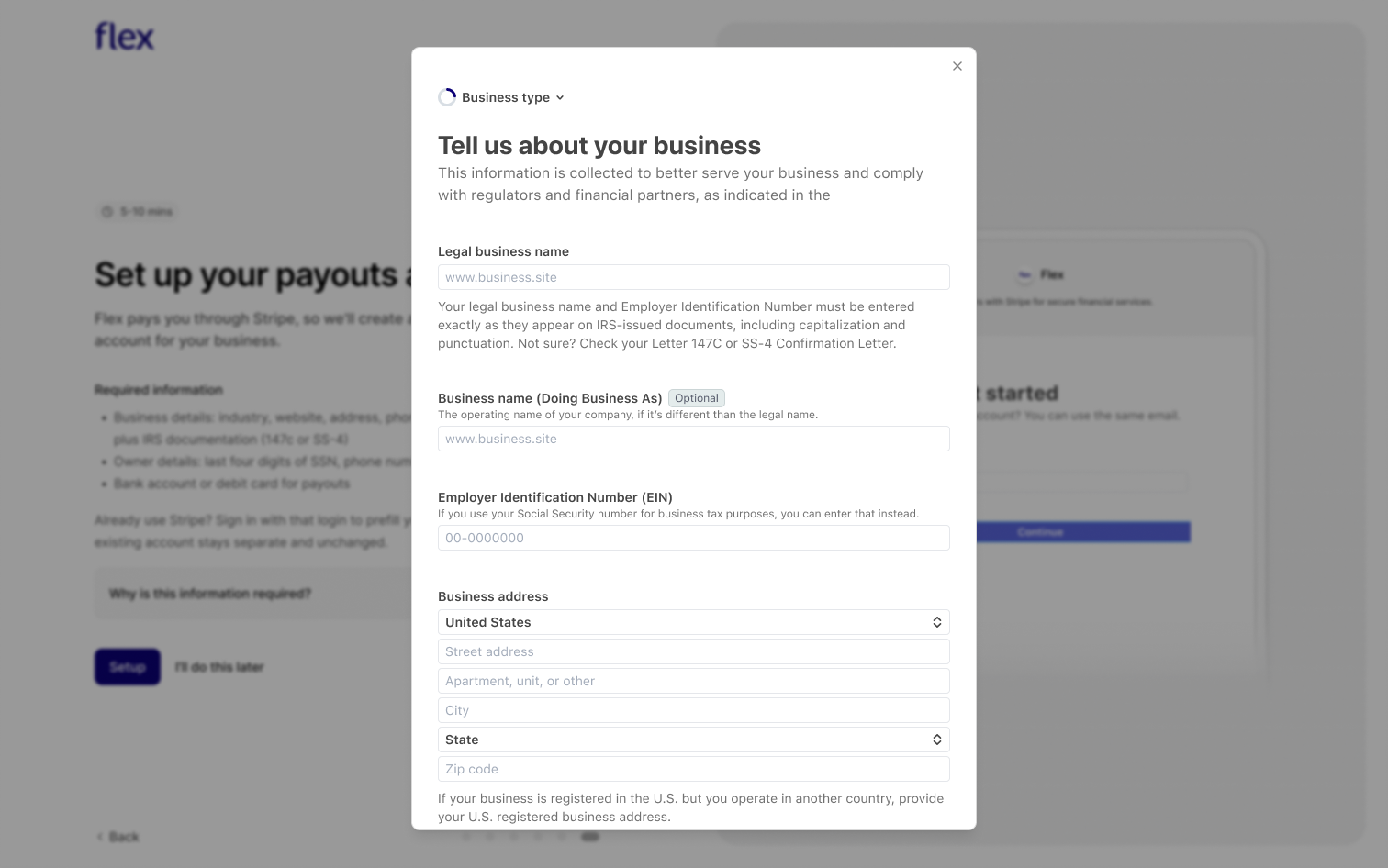 Stripe onboarding form for entering business, owner, and payout details