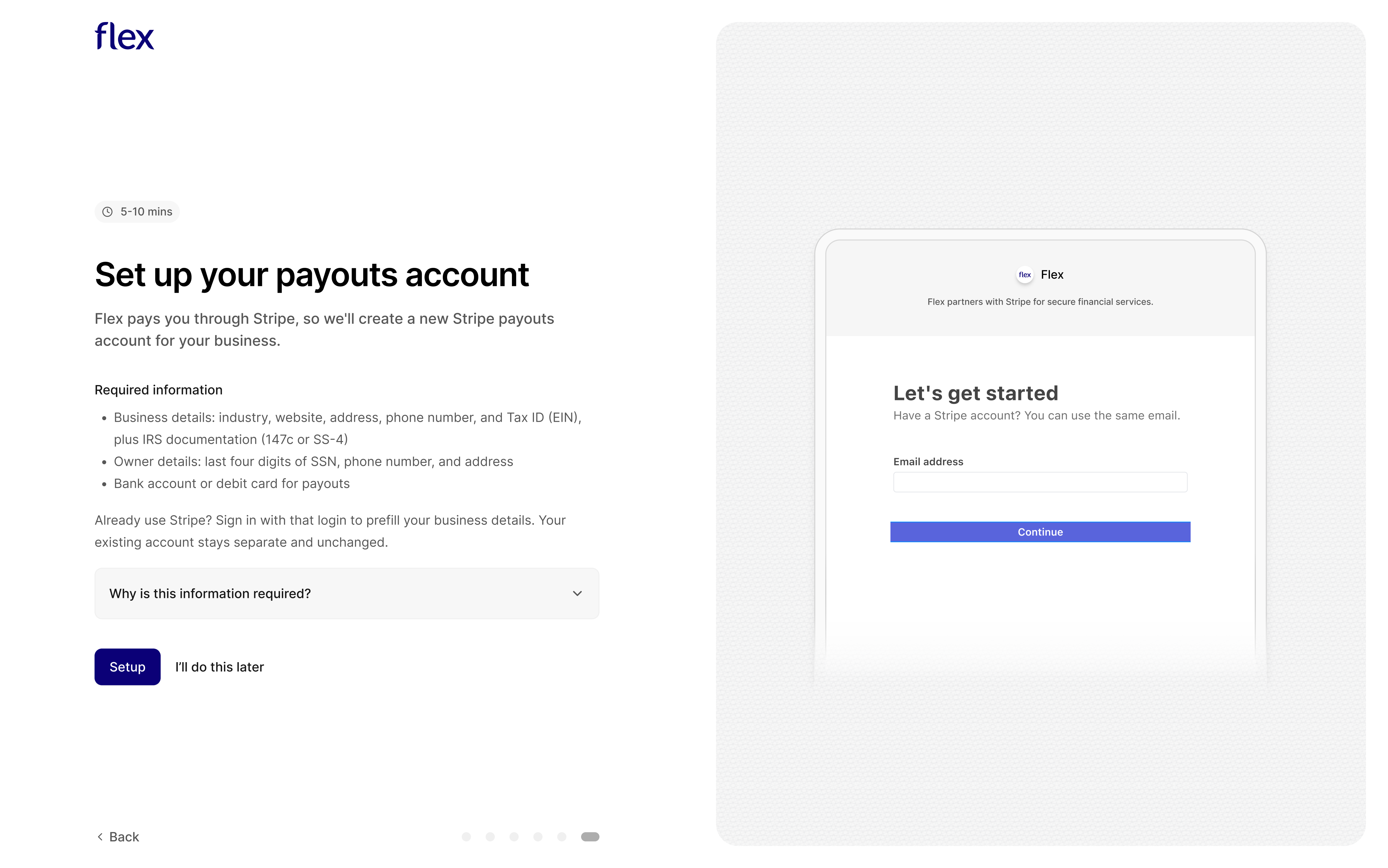 Flex payouts step showing a Start setup button that opens the Stripe onboarding popup