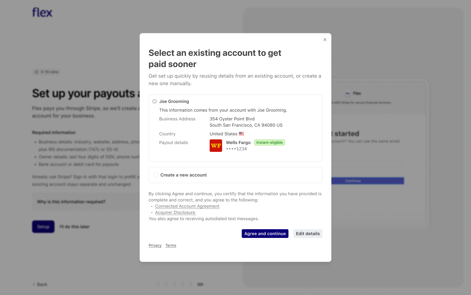 Stripe's "Select an existing account to get paid sooner" screen, showing the business address, country, and payout details carried over from an existing Stripe account