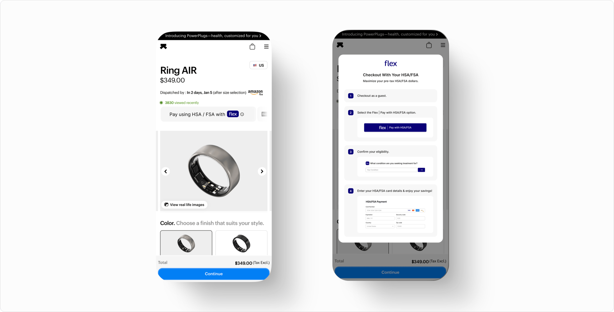 Flex badge on a product page and the HSA/FSA checkout steps