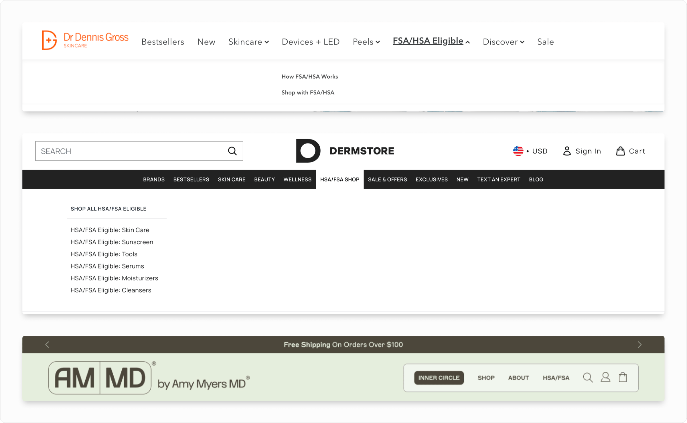 Site navigation examples from Flex merchants