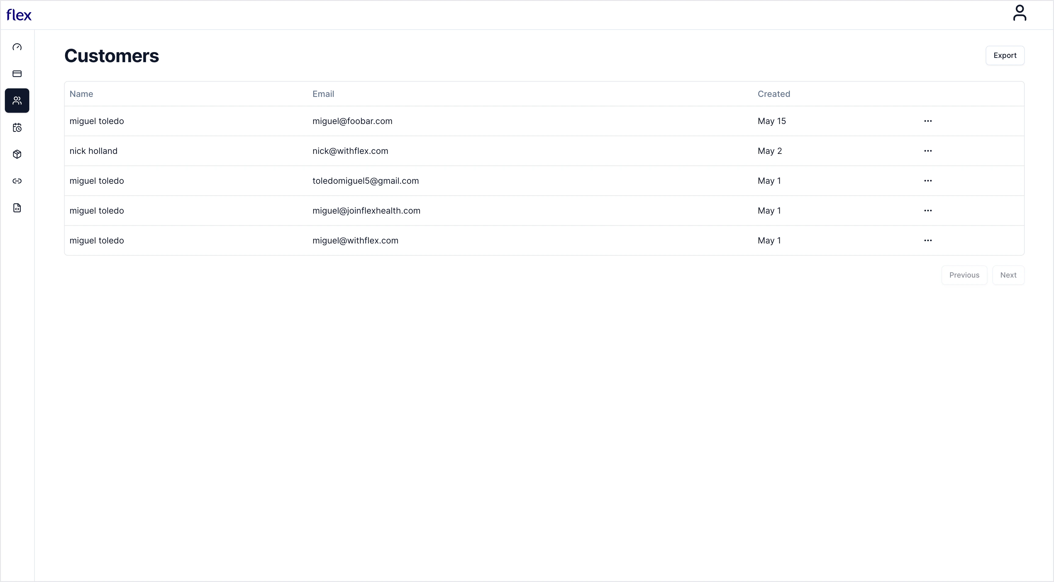 Customers overview page in dashboard