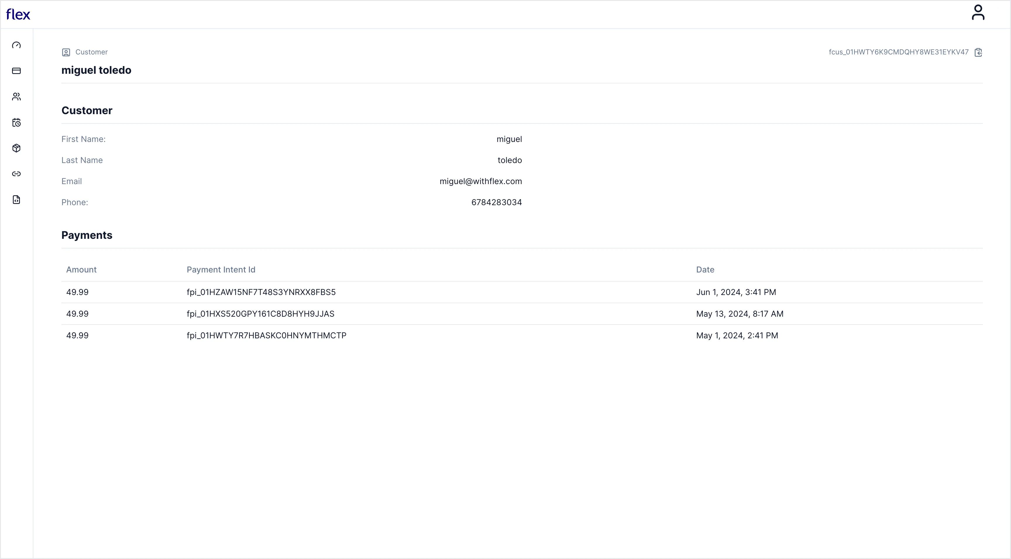 Customer details view in dashboard