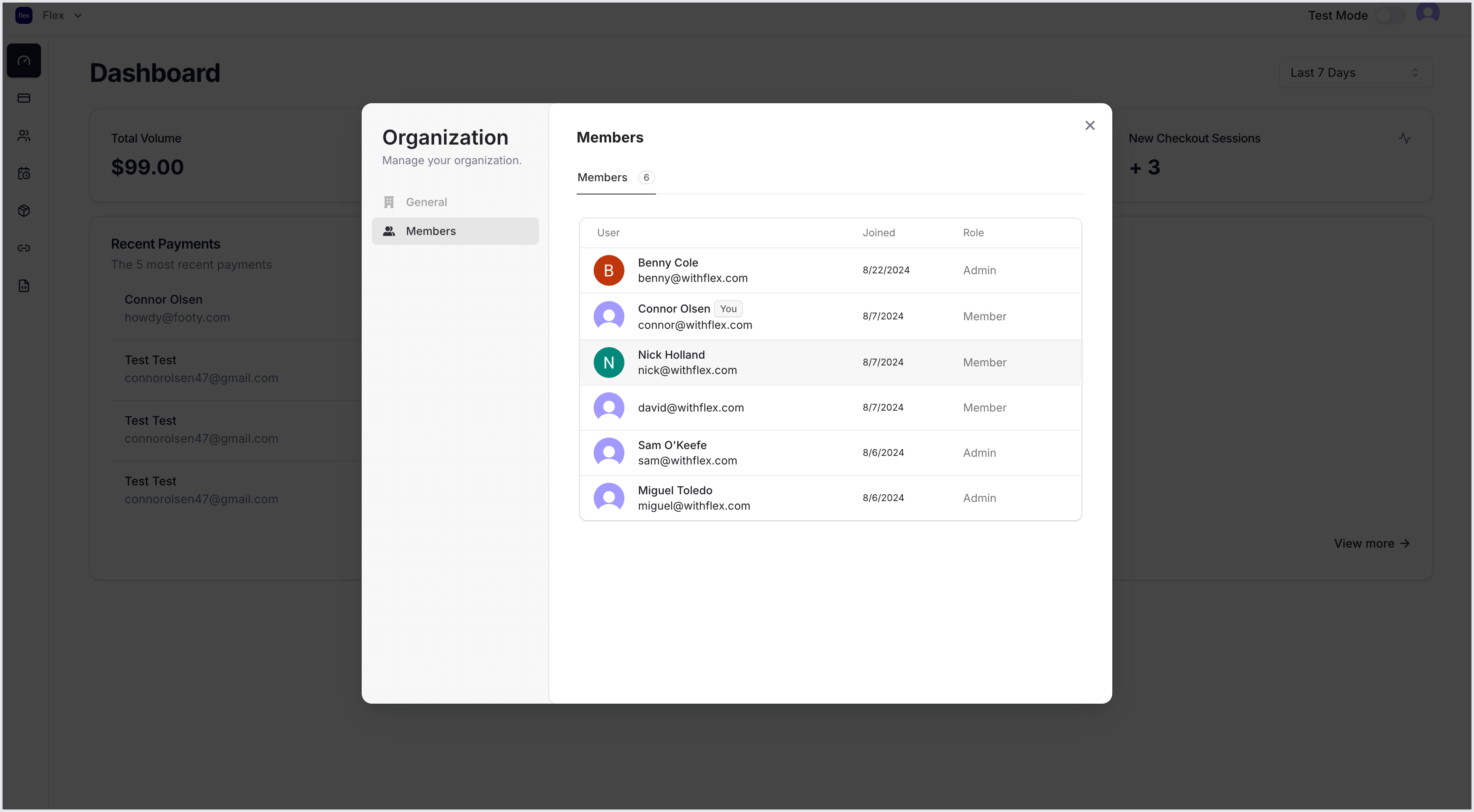 Members section in dashboard settings