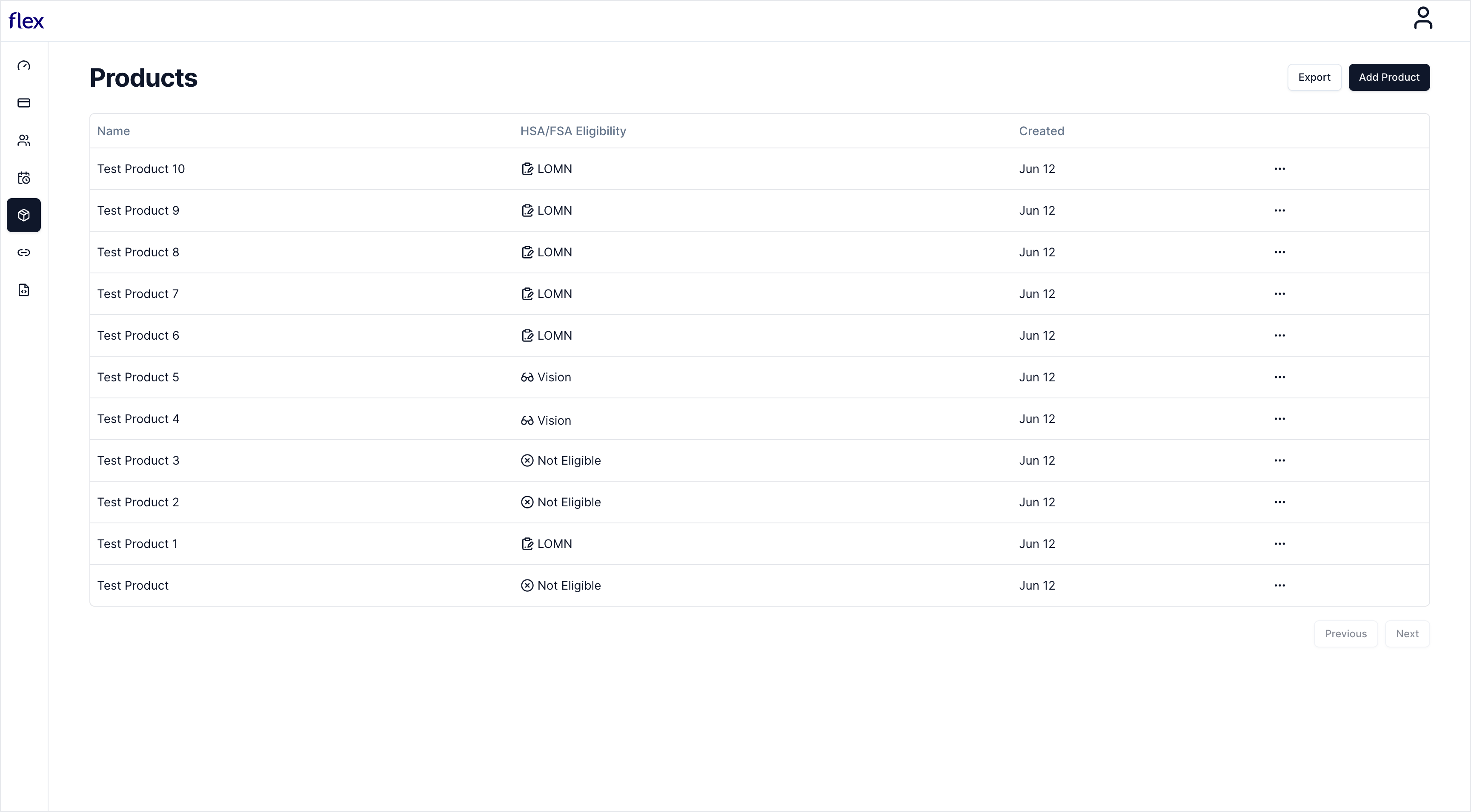 Products overview page in dashboard