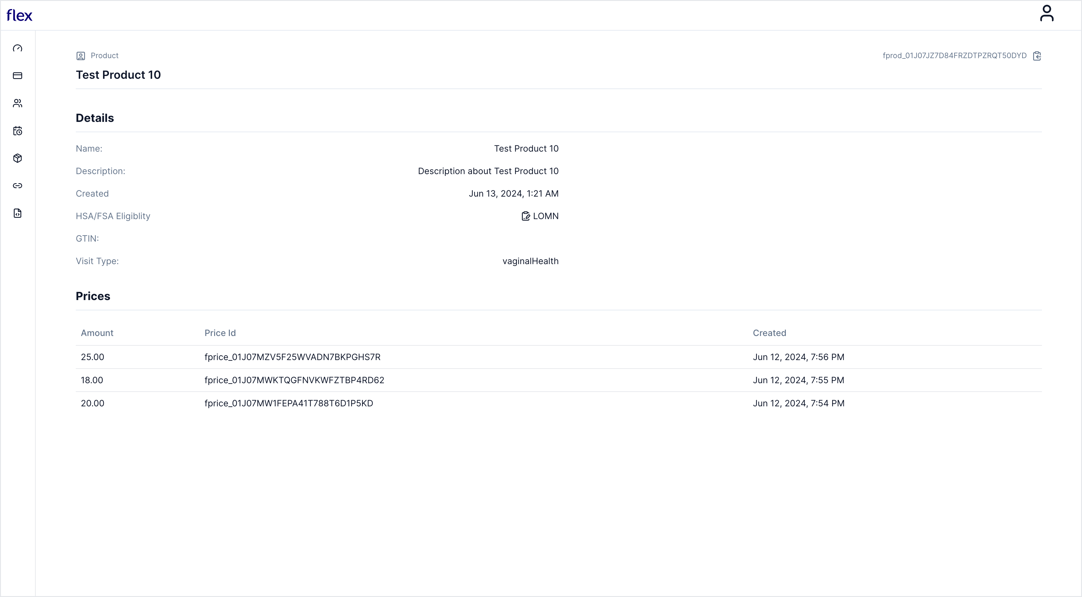 Product details view in dashboard