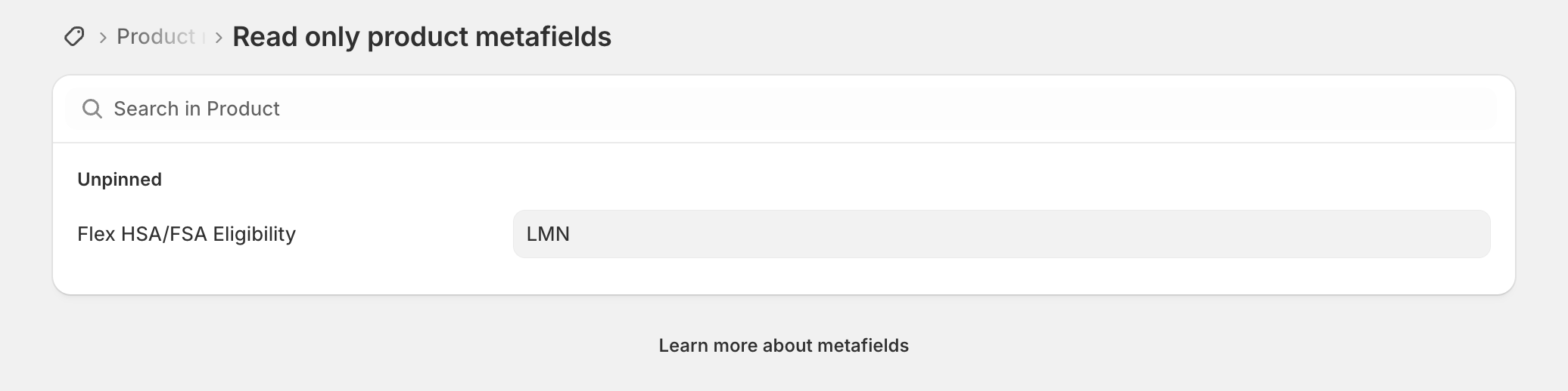 The Flex HSA/FSA eligibility metafield on a Shopify product