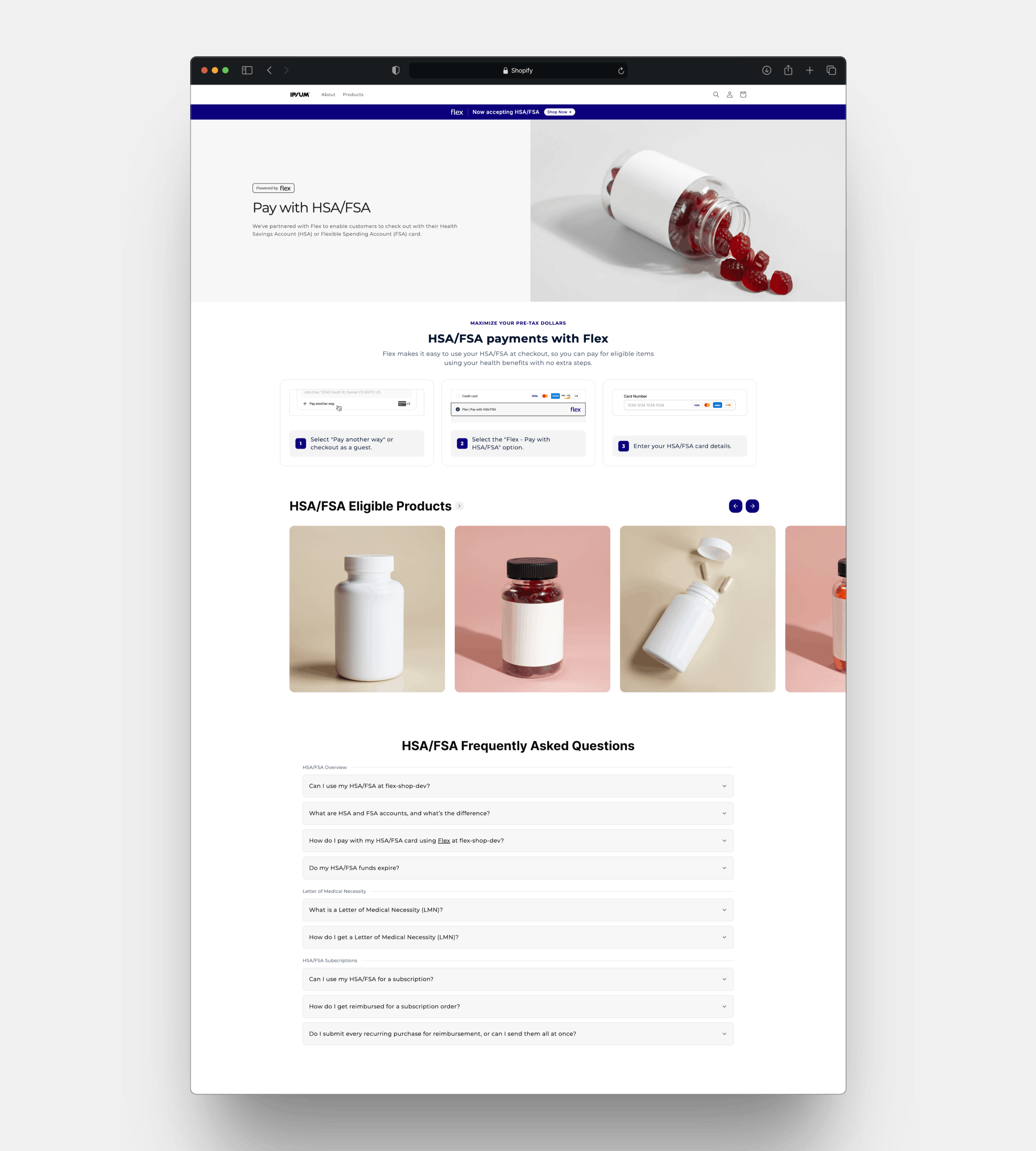 A finished HSA/FSA landing page built with Flex blocks
