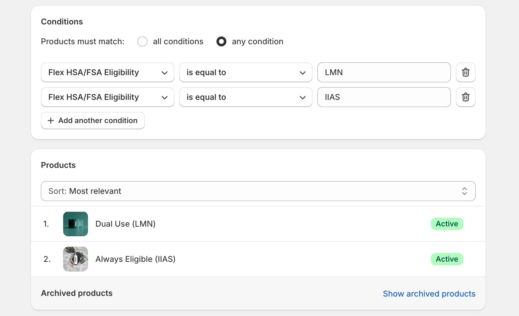 A Shopify smart collection using the Flex HSA/FSA eligibility conditions